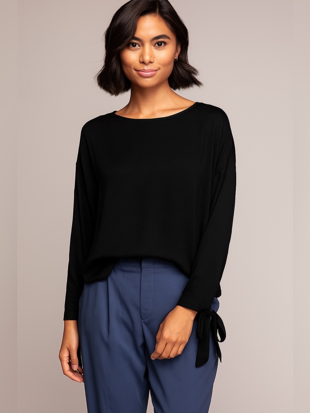 Black Long-Sleeve Tie Cuff Top